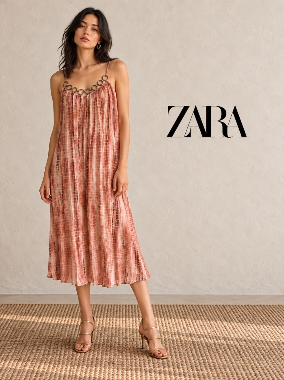 🌸ZARA Pink Tie-Dye Ring-Detail Midi Dress size M Cocktail Preppy Resort Evening